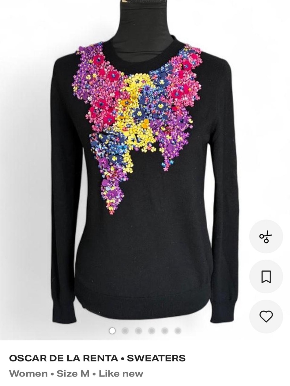 Oscar de la Renta Black Sweater with Multicolor Floral Embellishment